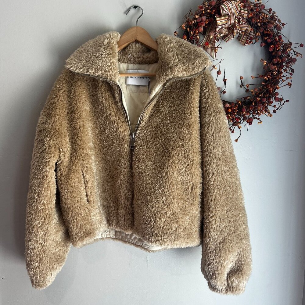 Rebecca Minkkoff Women's Cropped Bomber Faux Fur Coat Jacket SMALL in Natural